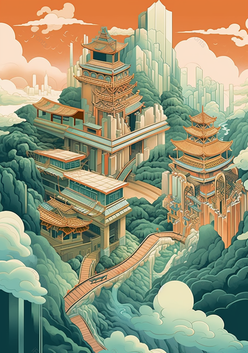 新中式复古建筑山脉手绘,插画/手绘图,插画/手绘图库,插画/手绘图下载,插画/手绘